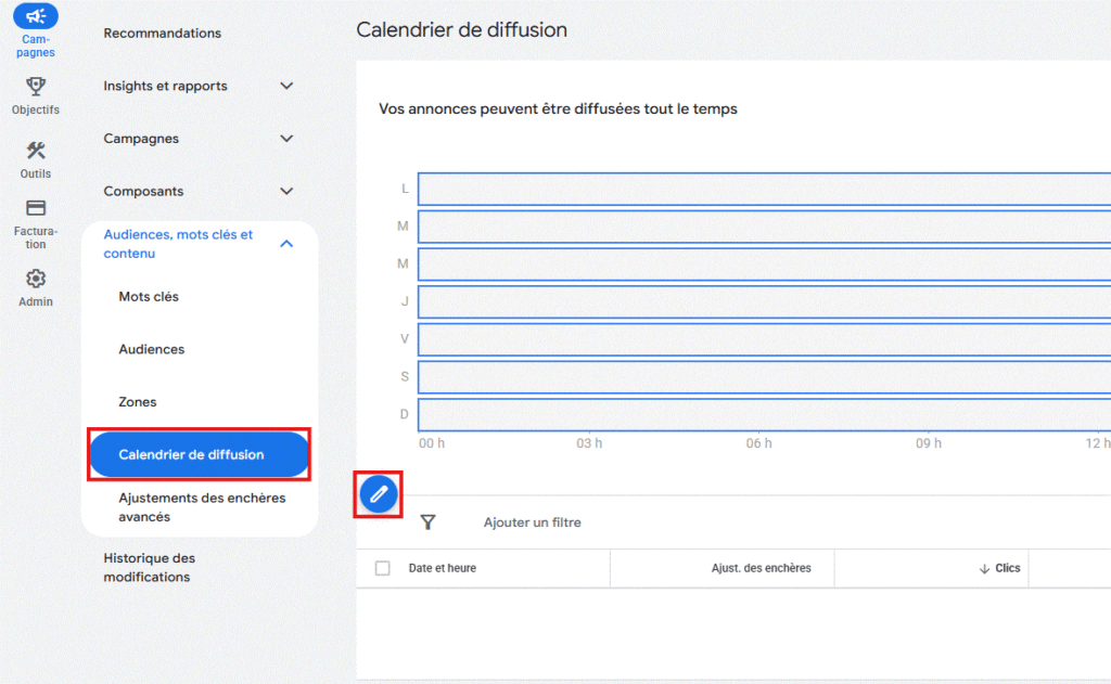 Calendrier de diffusion des annonces dans Google Ads
