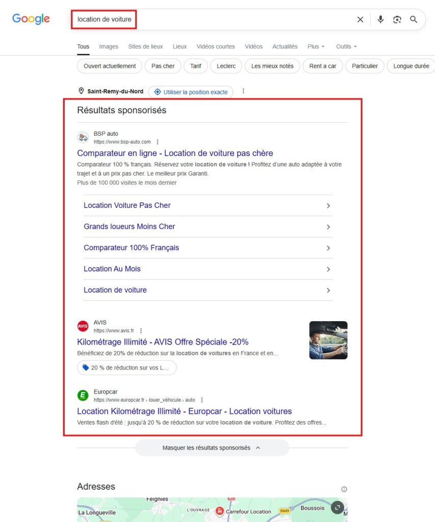 Exemple de résultats sponsoriés dans Google 5SERP) sur la requête 'location de voiture'