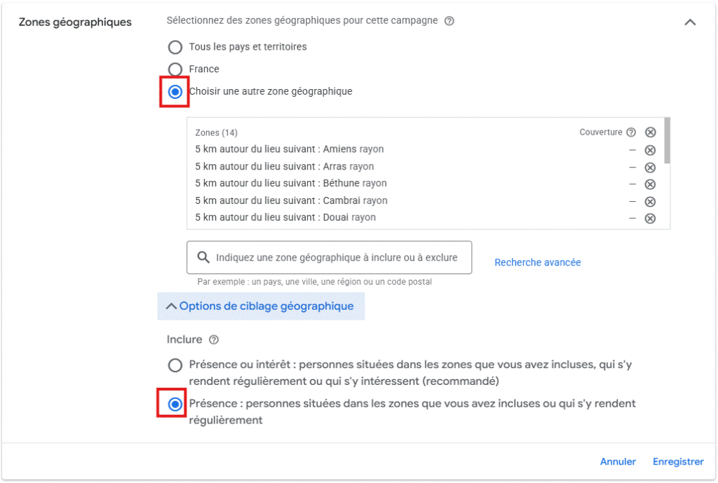 Paramètres de la campagne Google Ads : zones géographiques